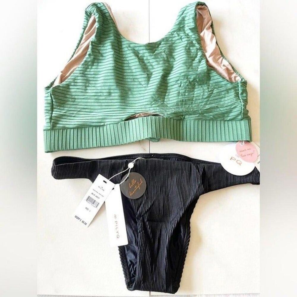 Nwt PilyQ Anthropologie emerald keyhole croptop black pearl teeny bikini set